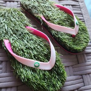 Grass Flip Flops with Pink Straps